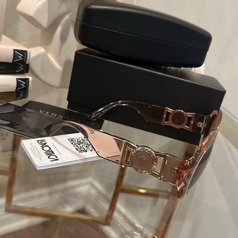 Versace Translucent Blush Round Sunglasses with Gold Accents - Picture 5 of 6